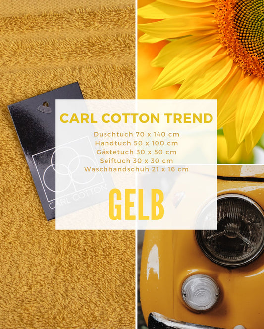 Collage aus Impressionen der Farbe Gelb. Passend zum CARL COTTON Handtuch Modell Trend Gelb.Mit Groessenangaben 70x140cm, 50x100cm, 30x50cm, 30x30cm, 21x16cm.