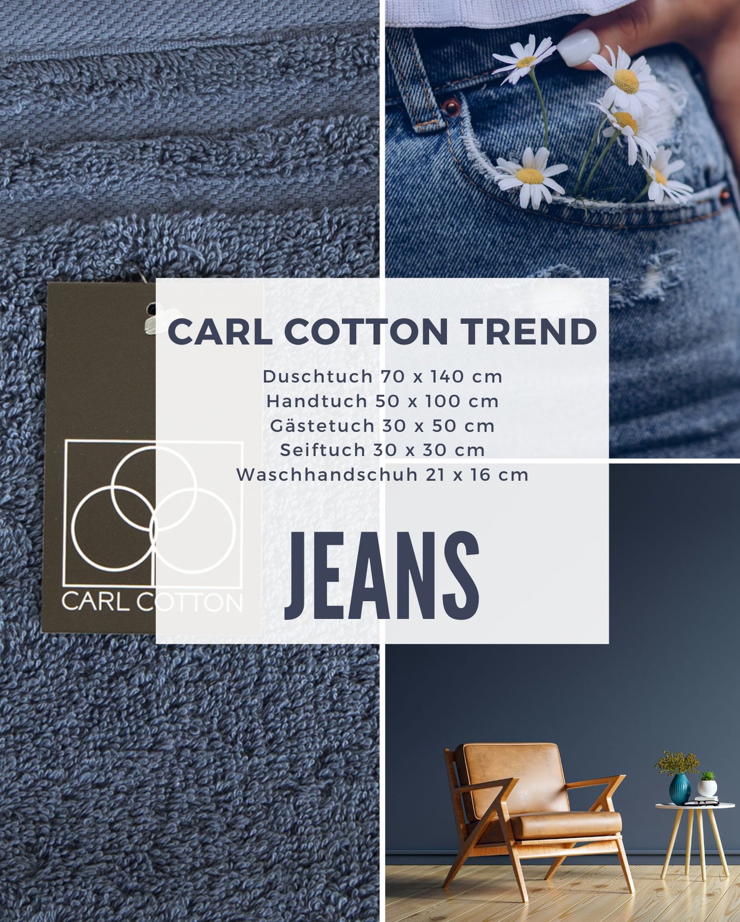 Collage aus Impressionen der Farbe Blau. Passend zum CARL COTTON Handtuch Modell Trend Jeans.Mit Groessenangaben 70x140cm, 50x100cm, 30x50cm, 30x30cm, 21x16cm.