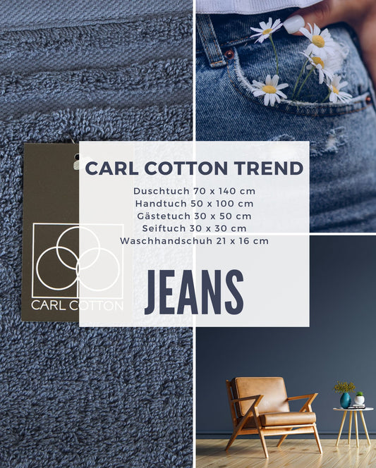 Collage aus Impressionen der Farbe Blau. Passend zum CARL COTTON Handtuch Modell Trend Jeans.Mit Groessenangaben 70x140cm, 50x100cm, 30x50cm, 30x30cm, 21x16cm.