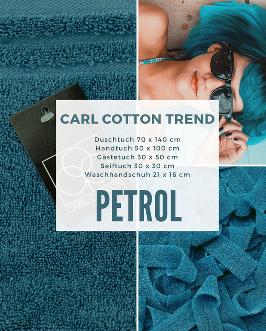 Collage aus Impressionen der Farbe Petrol. Passend zum CARL COTTON Handtuch Modell Trend Petrol.Mit Groessenangaben 70x140cm, 50x100cm, 30x50cm, 30x30cm, 21x16cm.