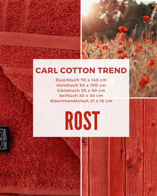 Collage aus Impressionen der Farbe Rot. Passend zum CARL COTTON Handtuch Modell Trend Rost.Mit Groessenangaben 70x140cm, 50x100cm, 30x50cm, 30x30cm, 21x16cm.