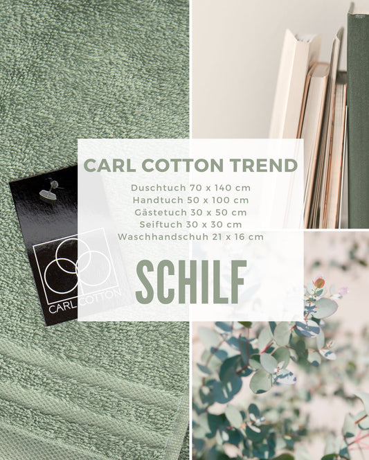 Collage aus Impressionen der Farbe Mint. Passend zum CARL COTTON Handtuch Modell Trend Schilf.Mit Groessenangaben 70x140cm, 50x100cm, 30x50cm, 30x30cm, 21x16cm.