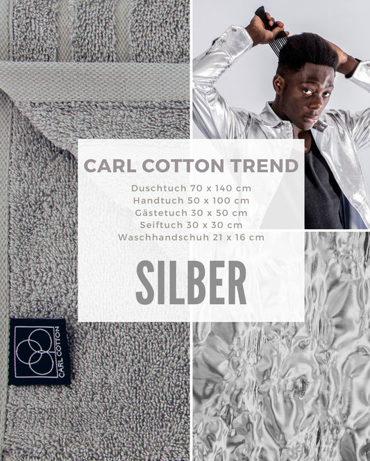 Collage aus Impressionen der Farbe X__X. Passend zum CARL COTTON Handtuch Modell Trend Silber. Mit Groessenangaben 70x140cm, 50x100cm, 30x50cm, 30x30cm, 21x16cm.