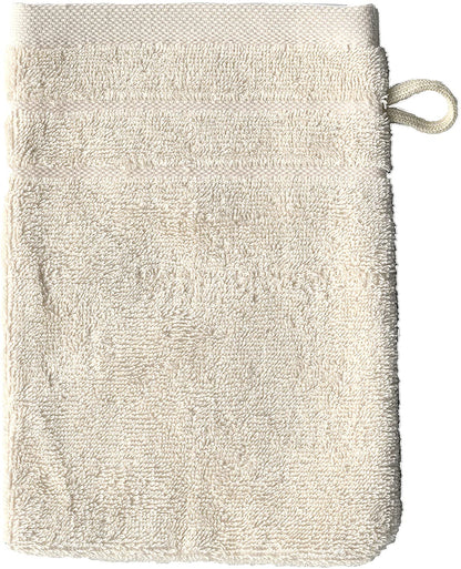 Ein Waschhandschuh von VEGANHOME in der Groesse 16x21cm aus 100 Prozent Bio-Baumwolle. Farbe Beige. Modell Natur.
