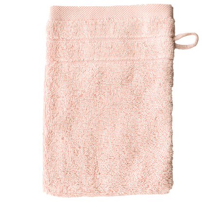 Ein Waschhandschuh von VEGANHOME in der Groesse 16x21cm aus 100 Prozent Bio-Baumwolle. Farbe Beige. Modell Puder.