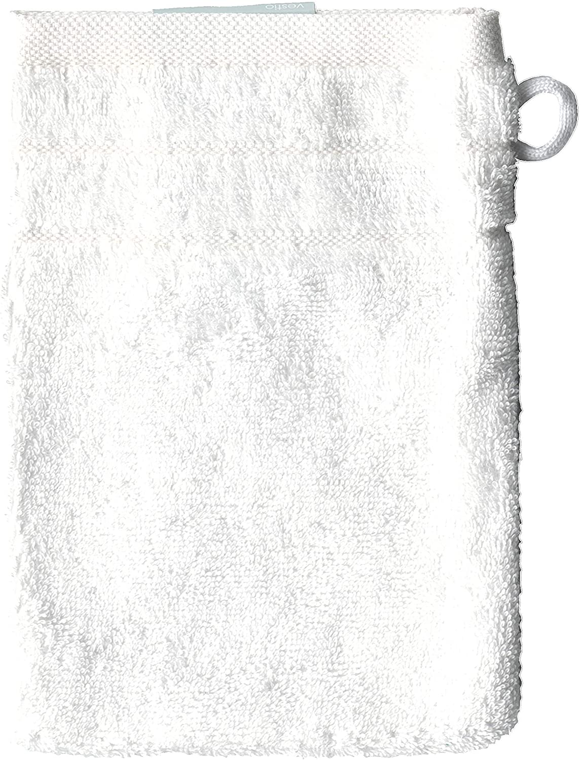 Ein Waschhandschuh von VEGANHOME in der Groesse 16x21cm aus 100 Prozent Bio-Baumwolle. Farbe Weiss. Modell Weiss.