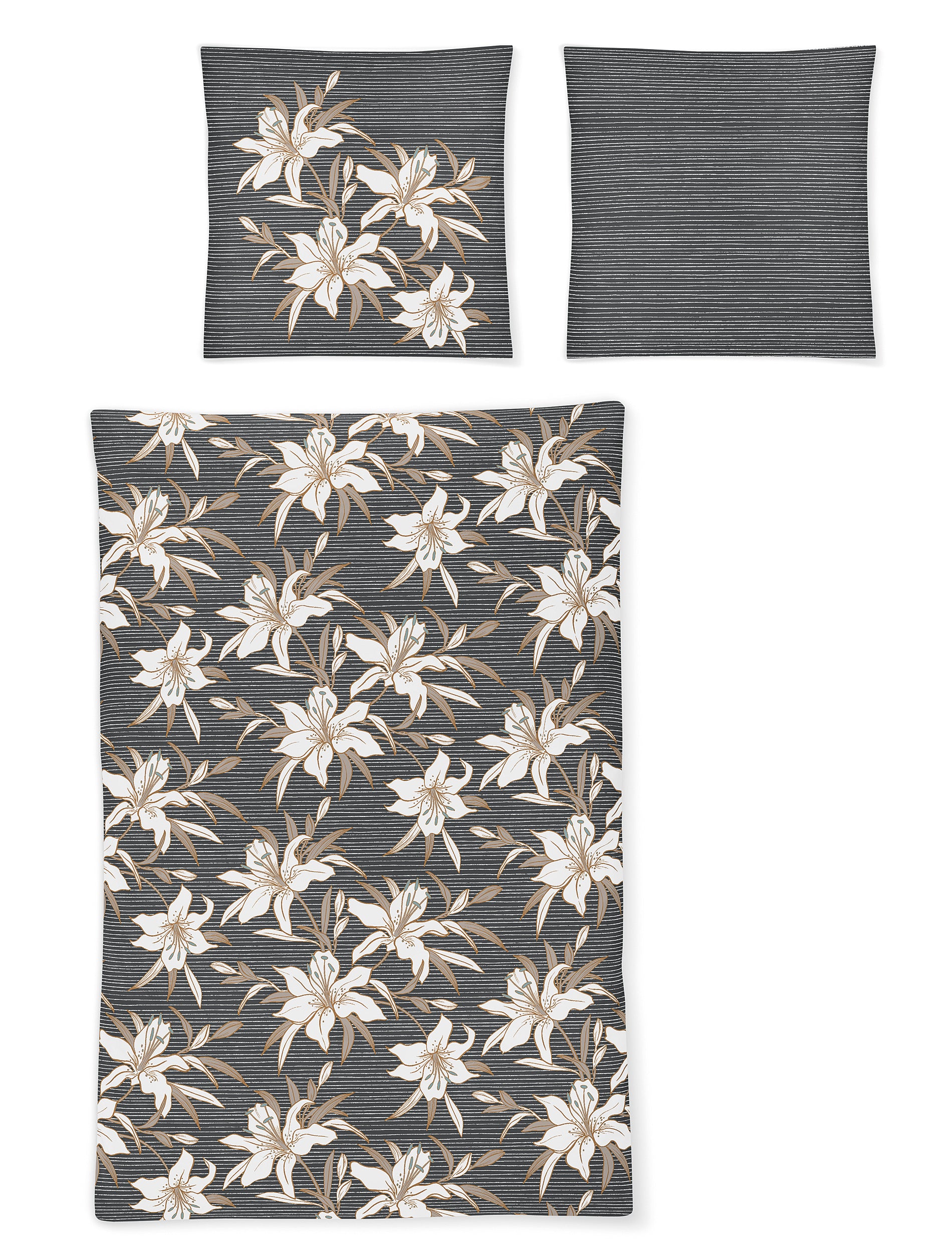 Zwei Kopfkissen und eine Bettdecke bezogen mit Mako-Satin Bettwaesche mit einem Muster aus Blumen in der Farbe Grau. Modell Lilly.