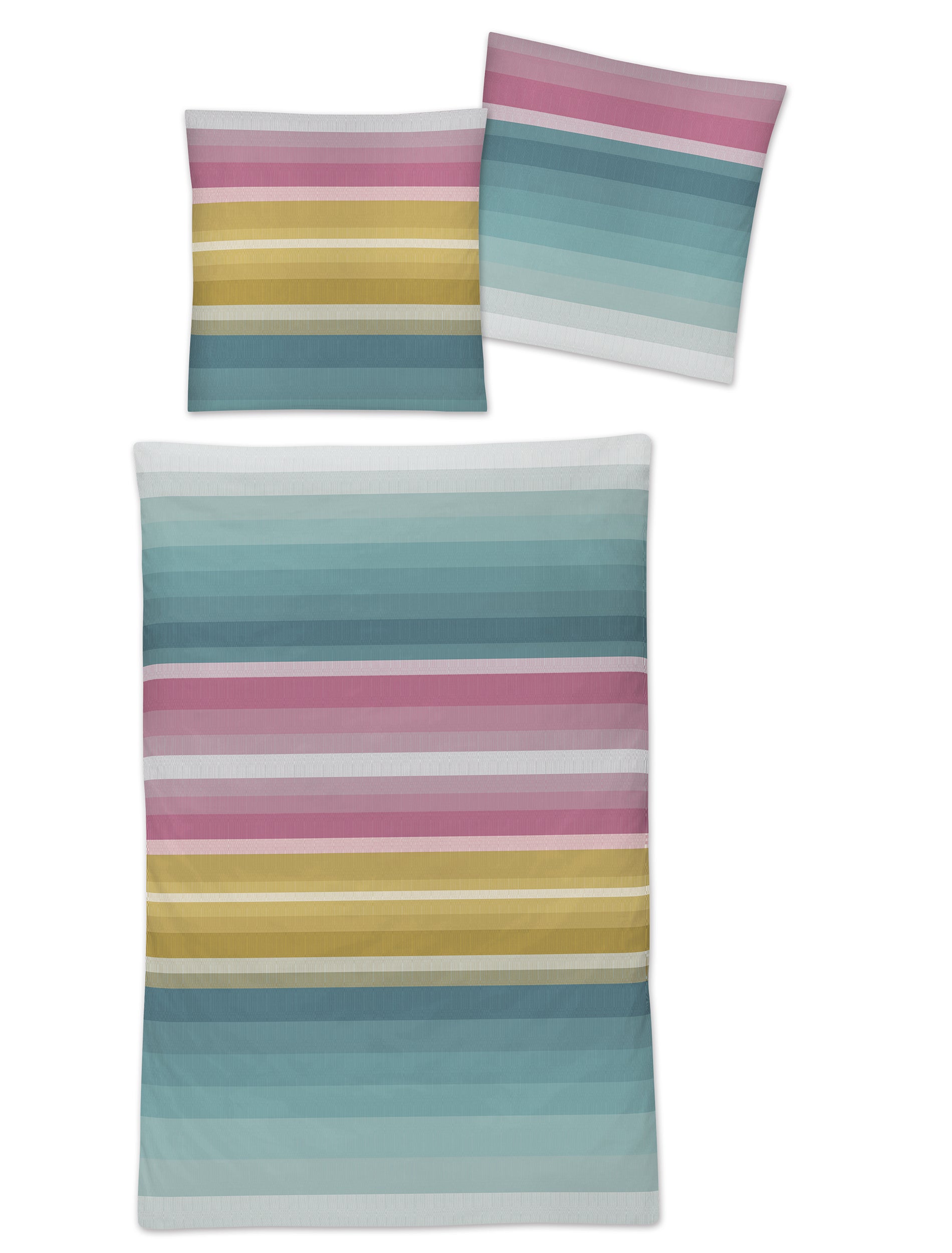 Zwei Kopfkissen und eine Bettdecke bezogen mit Mako-Satin Bettwaesche mit einem Muster aus horizontalen Streifen in der Farbe Mehrfarbig. Modell Stripes.