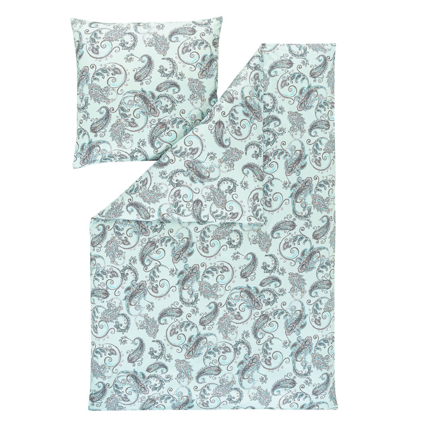 Ein Kopfkissen und eine Bettdecke bezogen mit Mako-Interlock-Jersey Bettwaesche mit einem Muster aus Ornamenten in der Farbe Blau. Modell Paisley hellblau.