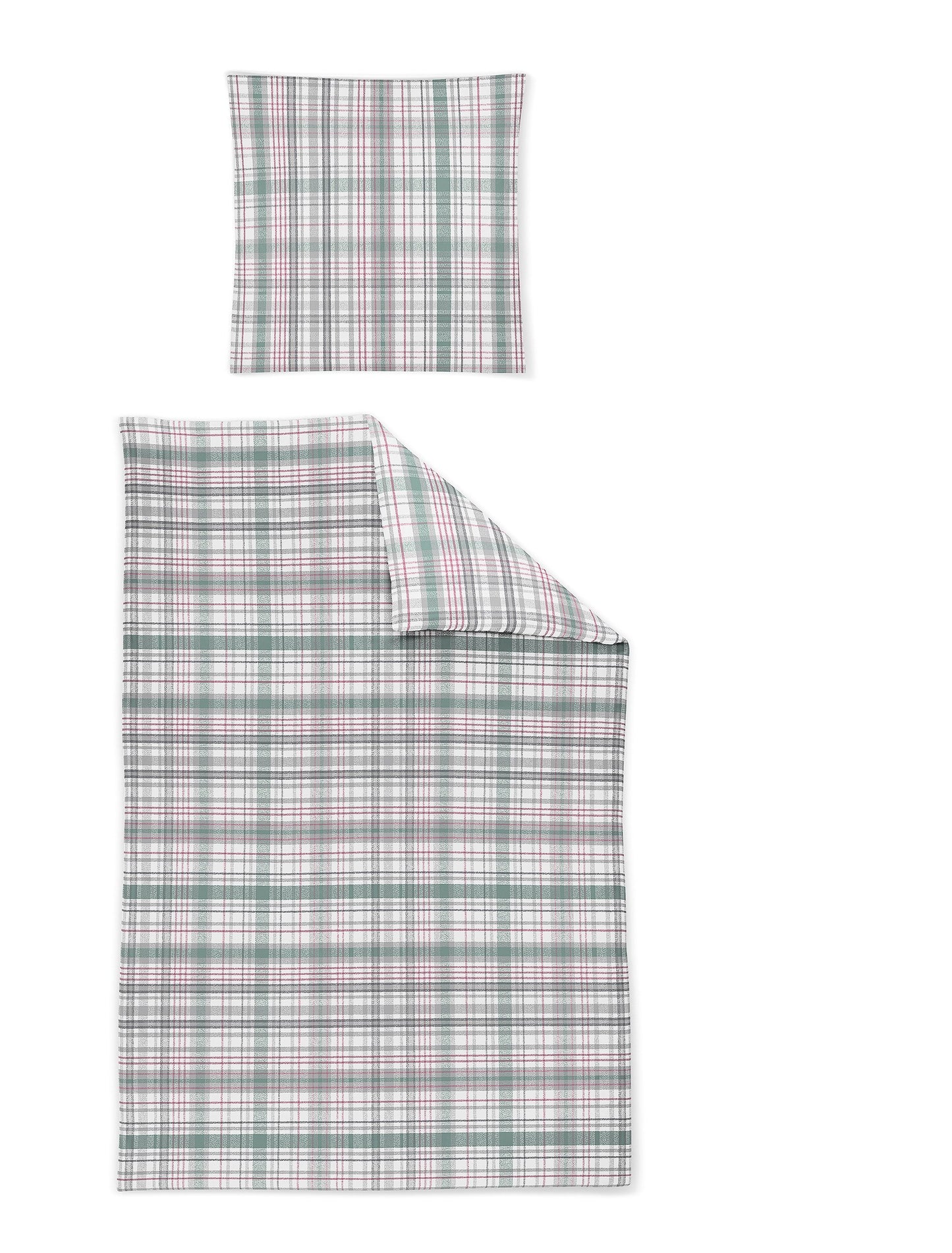 Ein Kopfkissen und eine Bettdecke bezogen mit Satin Bettwaesche mit einem Muster aus Quadraten in der Farbe Rosa. Modell Karo Rosa Gruen.