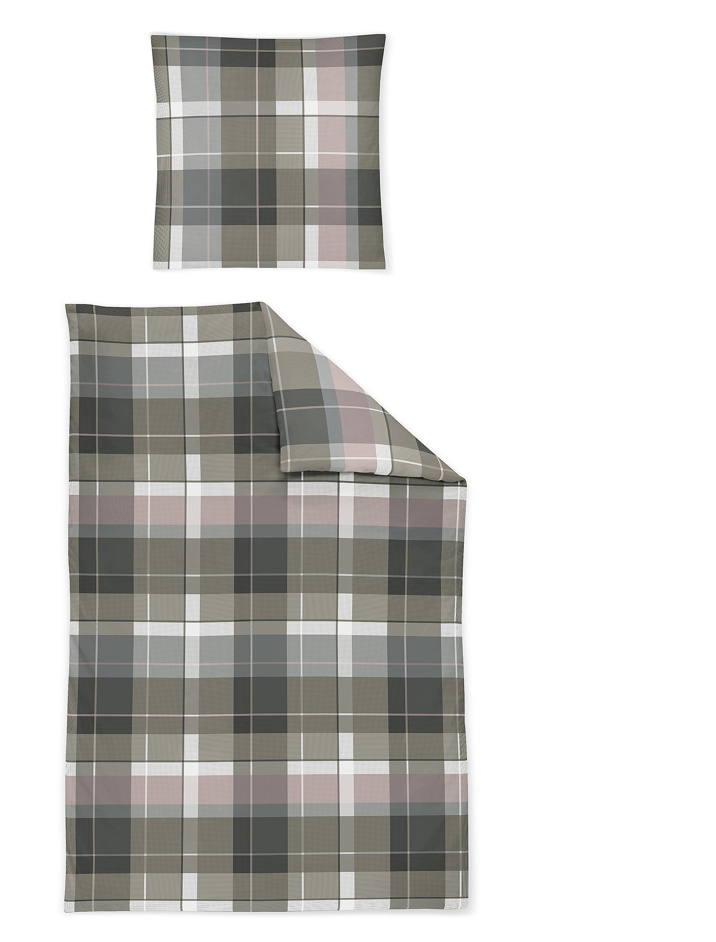 Ein Kopfkissen und eine Bettdecke bezogen mit Satin Bettwaesche mit einem Muster aus Quadraten in der Farbe Grau. Modell Karo Rosenholz.