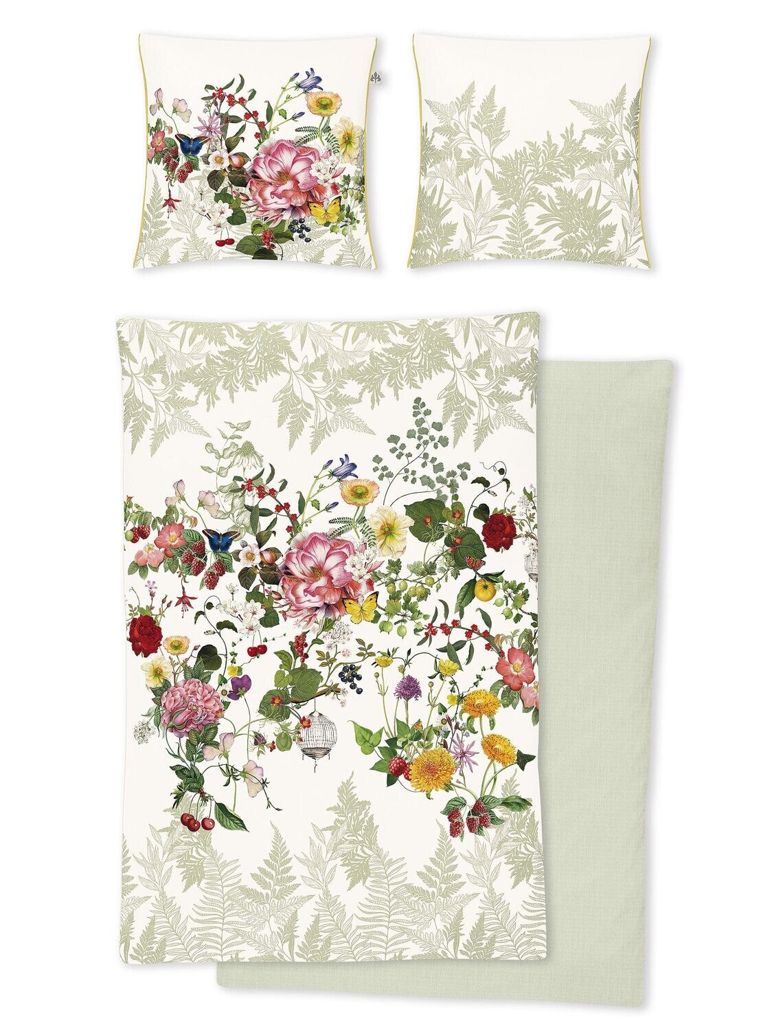 Zwei Kopfkissen und eine Bettdecke bezogen mit Satin Bettwaesche mit einem Muster aus Blumen in der Farbe Weiss. Modell Rose Weiss.