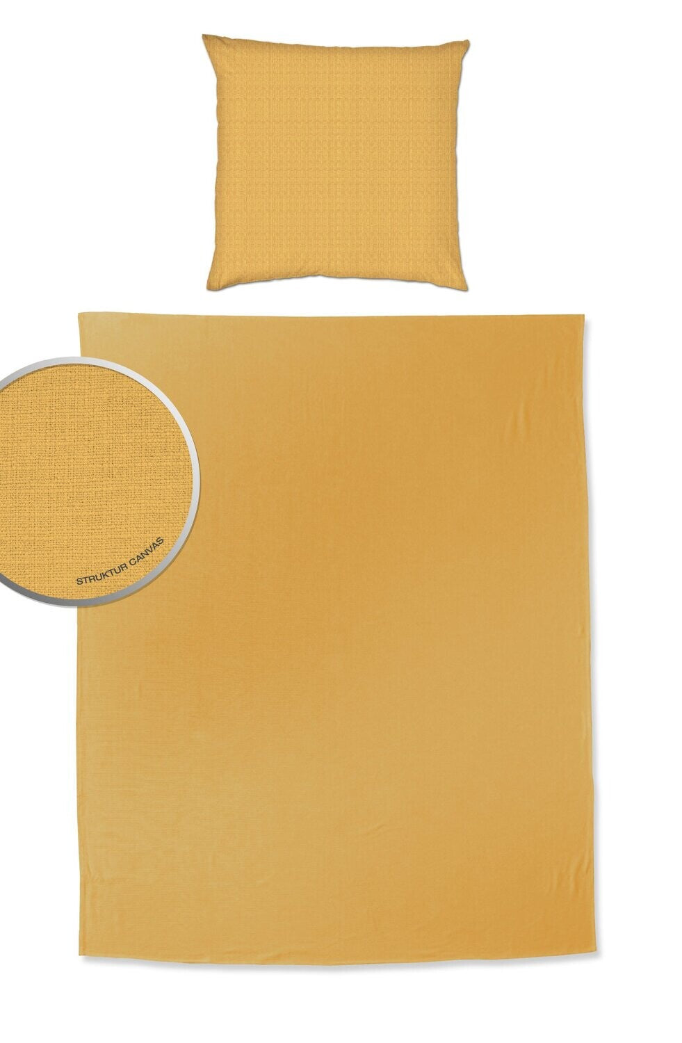 Ein Kopfkissen und ein Sommertuch in der Farbe Gelb. Modell Sommer-Set Mustard.