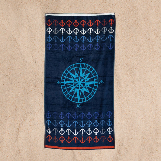 Ein Strandtuch von Standard Line in der Groesse 90x165cm aus 100 Prozent Baumwolle in der Farbe Blau. Modell Kompass.